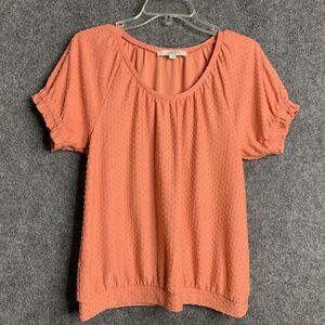 Loft Babydoll Top Women S Puff Sleeve Muted Orange Swiss Dot W/ Band Hem